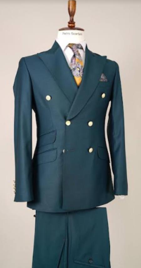 Style#-B6362 100% Wool Double Breasted Blazer with Gold Buttons - Green Sport Coat