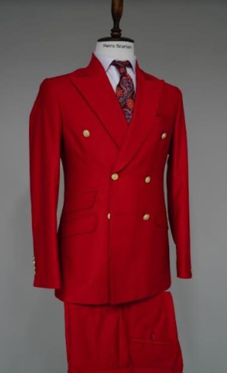 Style#-B6362 100% Wool Double Breasted Blazer with Gold Buttons - Red Sport Coat