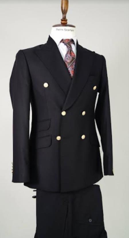 Style#-B6362 100% Wool Double Breasted Blazer with Gold Buttons - Black Sport Coat