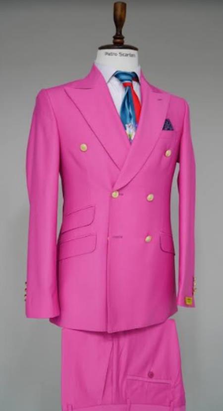 Style#-B6362 100% Wool Double Breasted Blazer with Gold Buttons - Pink Sport Coat