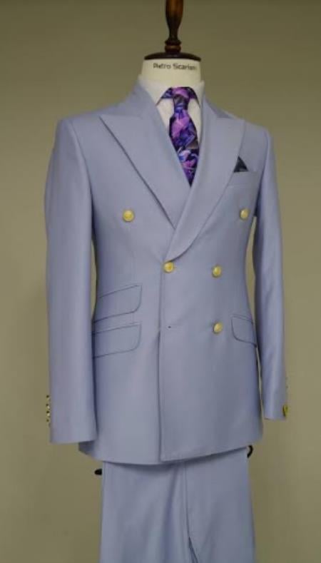 Style#-B6362 100% Wool Double Breasted Blazer with Gold Buttons - Blue Sport Coat