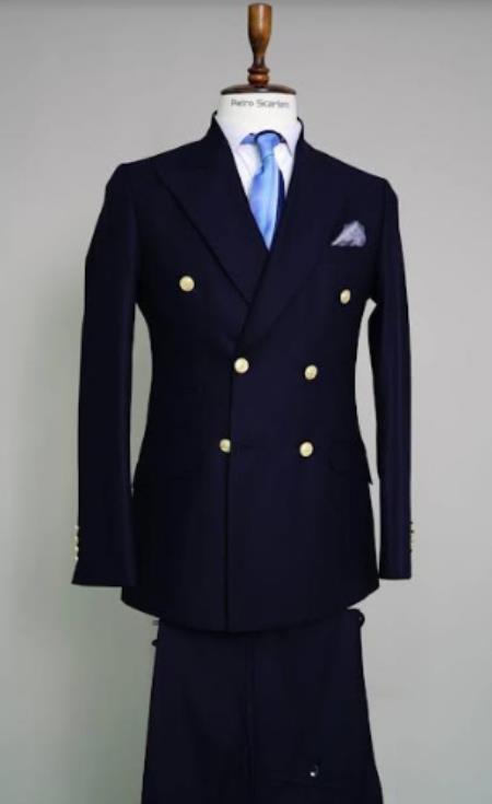Style#-B6362 100% Wool Double Breasted Blazer with Gold Buttons - Navy Blue Sport Coat