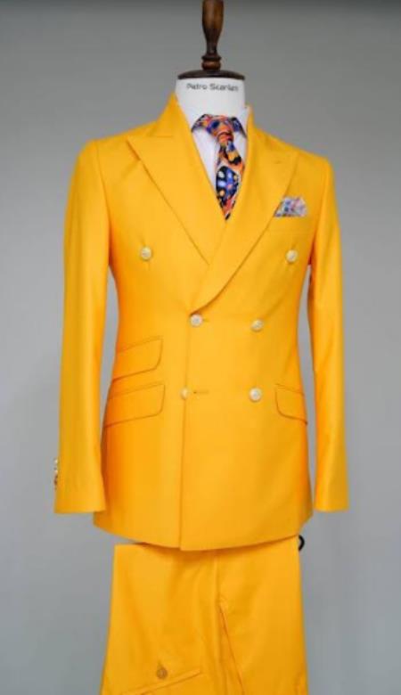 Style#-B6362 100% Wool Double Breasted Blazer with Gold Buttons - Yellow Sport Coat