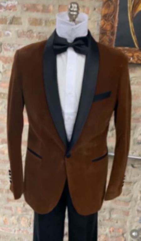 Style#-B6362 Mens Brown Velvet Tuxedo Suit - Blazer - Velvet Sport Coat + Black Pants