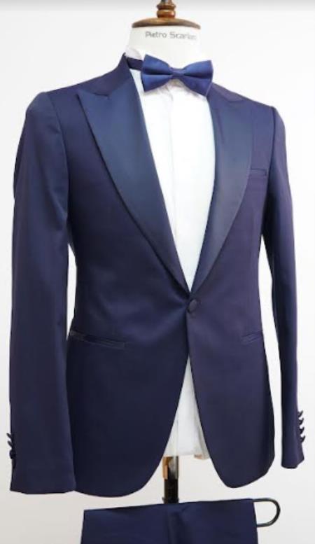 Mens One Button Peak Label Suit Navy Blue