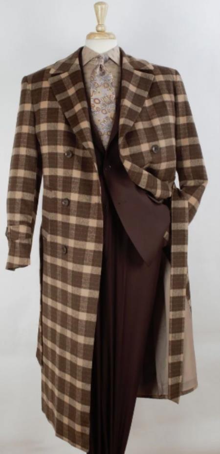 Mens Double Breasted Full Length Overcoat - 100% Wool APTIL3 - Brown Windowpane