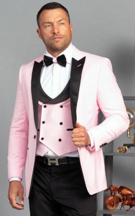 Mens One Button Peak Label Suit Pink - Slim Fit