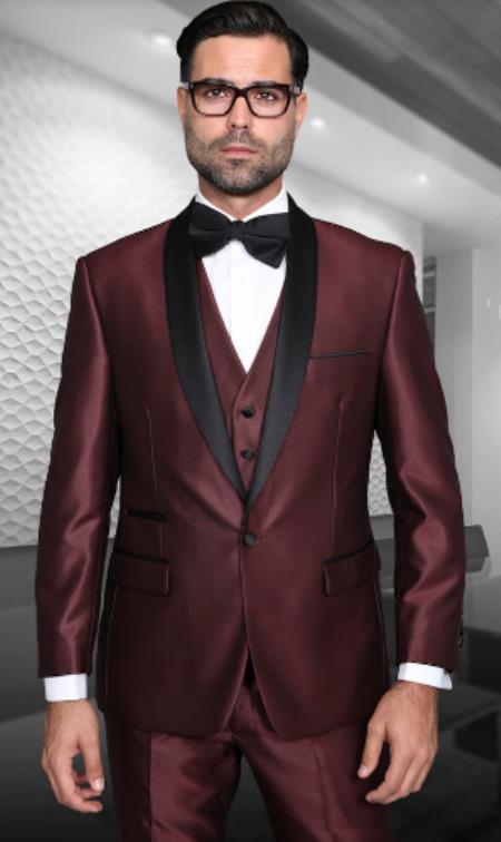 Burgundy Shiny Tuxedo Vested Suit - Sateen Sharkskin Fabric Groom Suit