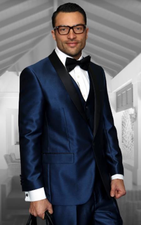 Indigo Shiny Tuxedo Vested Suit - Sateen Sharkskin Fabric Groom Suit