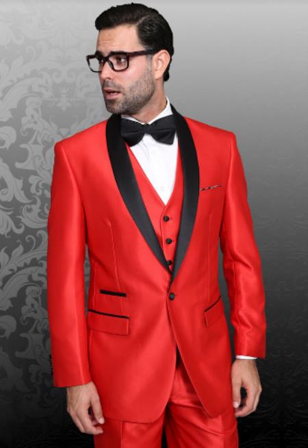 Red Shiny Tuxedo Vested Suit - Sateen Sharkskin Fabric Groom Suit