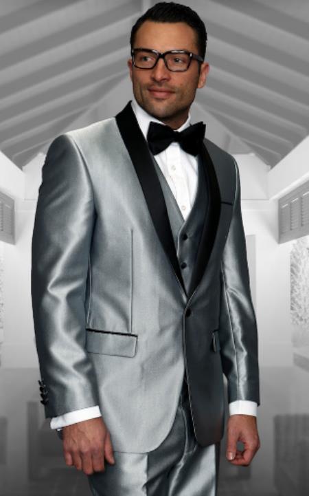 Silver Shiny Tuxedo Vested Suit - Sateen Sharkskin Fabric Groom Suit