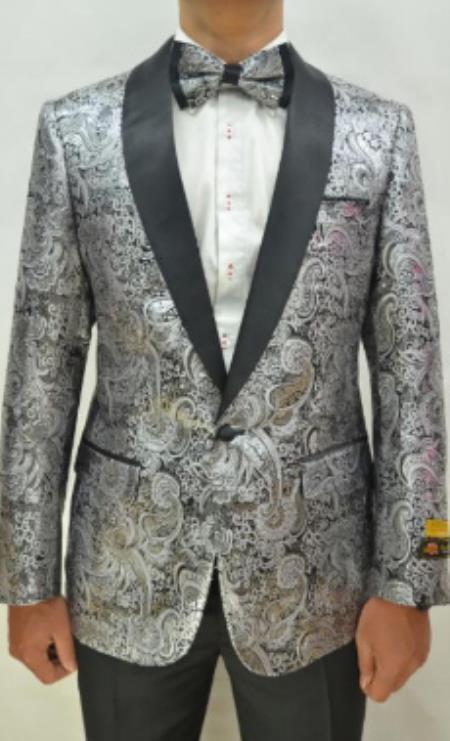 Paisley ~ Floral Pattern One-Button Black and Silver Blazer