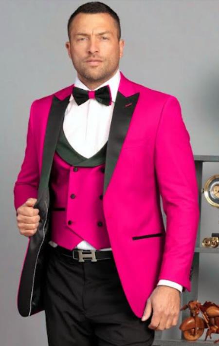 Mens 1 Button Hot Pink - Rose Tuxedo - Peak Lapel With Double Breasted Vest