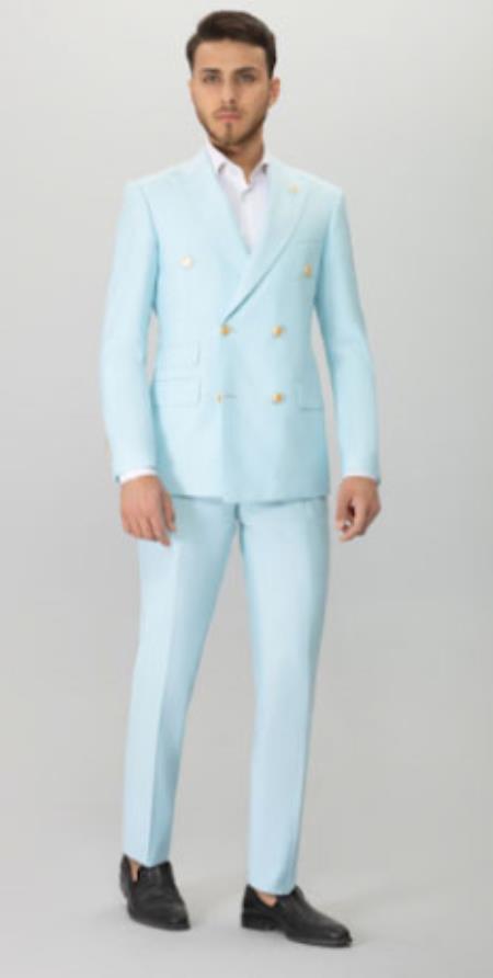 Double Breasted Suits With Gold Buttons - Light Blue - Sky Blue Summer Color Suit