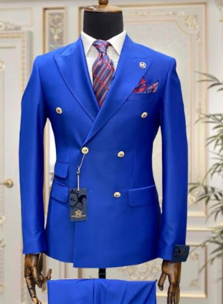 Mens Royal Blue Double Breasted Suit - 100% Suit - 100% Percent Wool Fabric Suit - Worsted Wool Business Suit