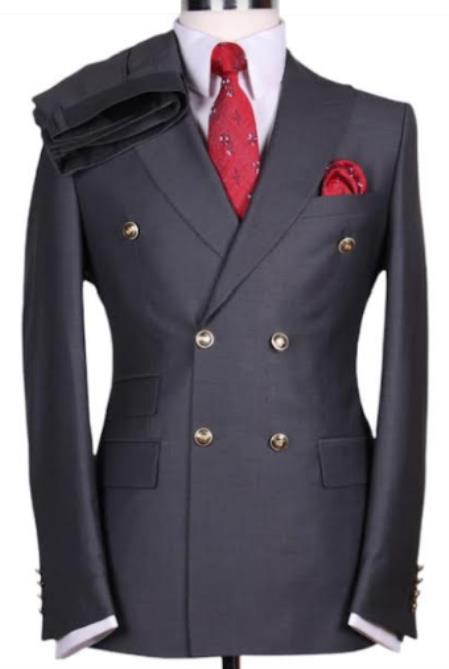 Charcoal Grey Double Breasted Suit - With Brass Buttons Flat Front Pants Slim Fit 