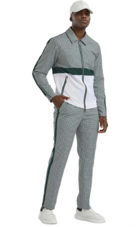 Houndstooth Pattern Walking Suit Mens Hunter Slim Fit Fashion Track Suit