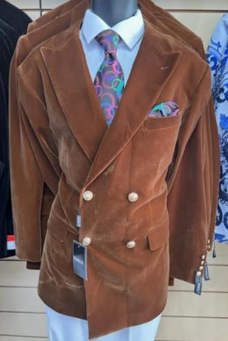 Style#-B6362 Mens Slim Fit Double Breasted With Brass Buttons - Brown Sportcoat