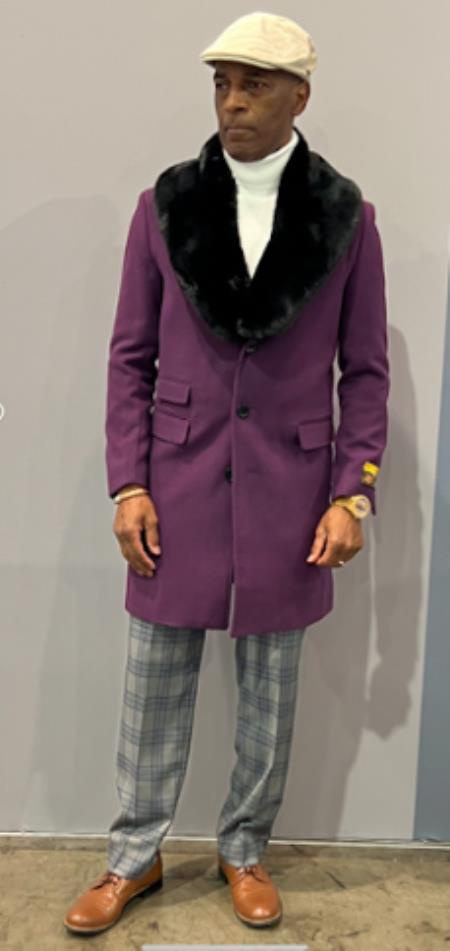 Mens Purple Overcoat With Fur Collar - Purple Topcoat