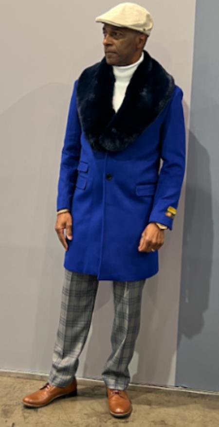 Mens Royal Blue Overcoat - Blue Topcoat  With Fur Collar - Mens Car Coat