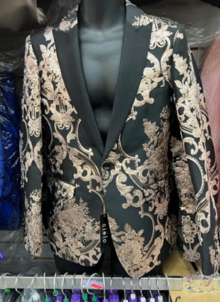 Style#-B6362 Mens Paisley Blazer - Rose Gold - Black and Gold Prom Tuxedo Dinner Jacket