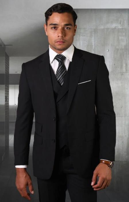 Men's Suit Ticket Pocket - 3 Pocket Black Suit with Double Breasted Vest