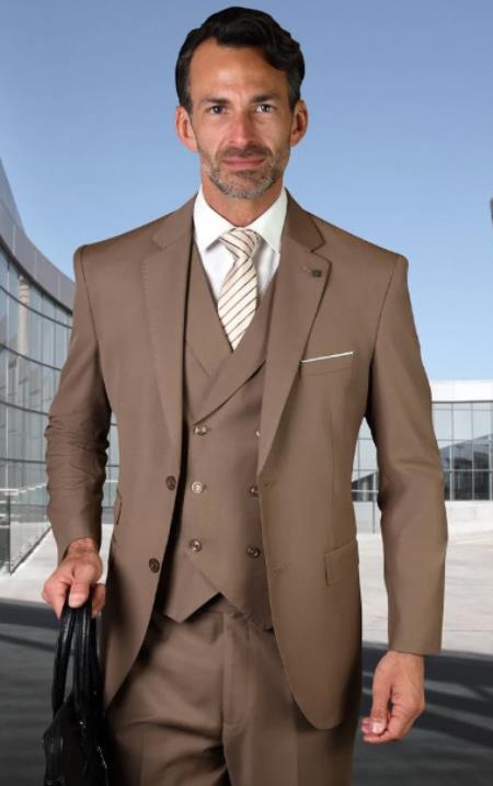 Men's Suit Ticket Pocket - 3 Pocket Bronze Suit with Double Breasted Vest