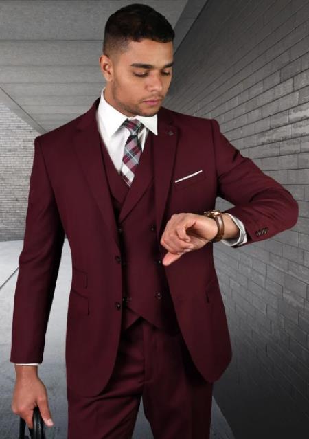 Men's Suit Ticket Pocket - 3 Pocket Burgundy Suit with Double Breasted Vest