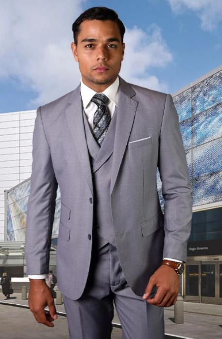 Men's Suit Ticket Pocket - 3 Pocket Grey Suit with Double Breasted Vest