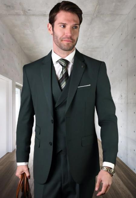 Men's Suit Ticket Pocket - 3 Pocket Hunter Green Suit with Double Breasted Vest