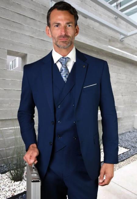 Men's Suit Ticket Pocket - 3 Pocket Sapphire Suit with Double Breasted Vest