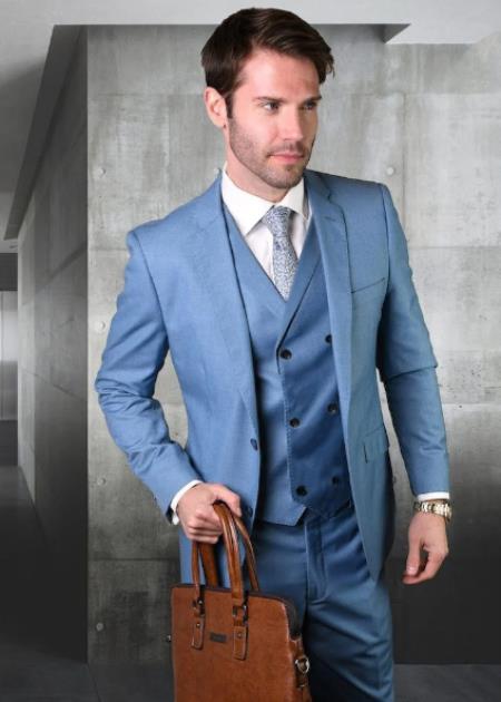 Men's Suit Ticket Pocket - 3 Pocket Steel Blue Suit with Double Breasted Vest