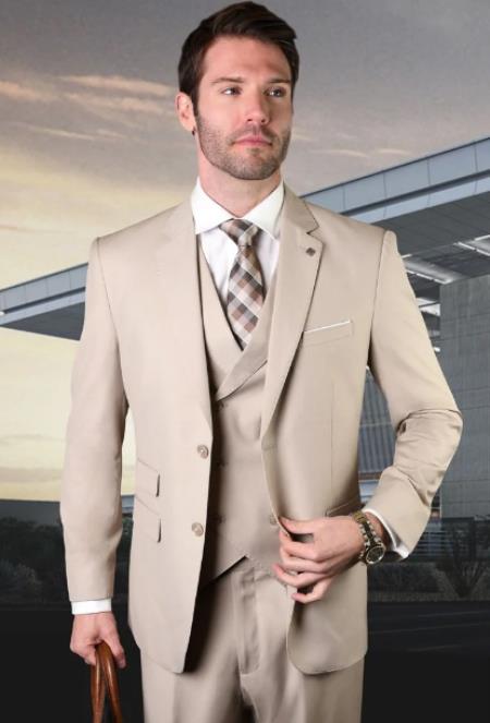 Men's Suit Ticket Pocket - 3 Pocket Tan Suit with Double Breasted Vest
