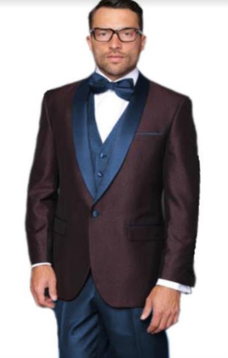 Burgundy and Navy Blue Lapel Tuxedo With Navy Blue Pants and Navy Vest