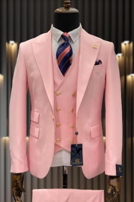 Rossiman Brand Pink Suits - 1 Button Suit Peak Lapel Double Breasted Vest