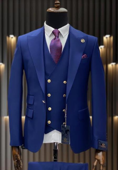  Rossiman Brand Royal Blue Suits - 1 Button Suit Peak Lapel Double Breasted Vest