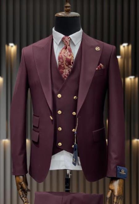 Rossiman Brand Burgundy Suits - 1 Button Suit Peak Lapel Double Breasted Vest