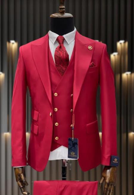 Rossiman Brand Red Suits - 1 Button Suit Peak Lapel Double Breasted Vest