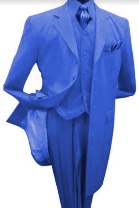 Fashion Red 3 Piece Vested Zoot Fashion Prom ~ Suit Long Custom Coat - Royal Blue - Wool