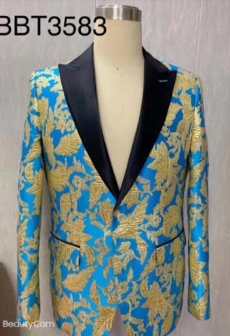 Mens Blazer - Turquoise and Gold Paisley Blazer - Fashion Prom Sport Coat