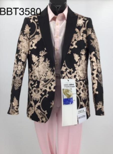 Mens Blazer - Black and Rose Gold Paisley Blazer - Fashion Prom Sport Coat