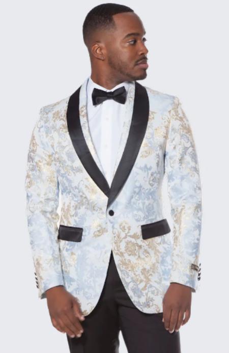 Style#-B6362 White and Blue and Gold Tuxedo Dinner Jacket + Bowtie