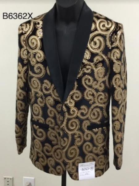 Style#-B6362 Mens Blazer - Black and Gold Paisley Blazer - Fashion Prom Sport Coat
