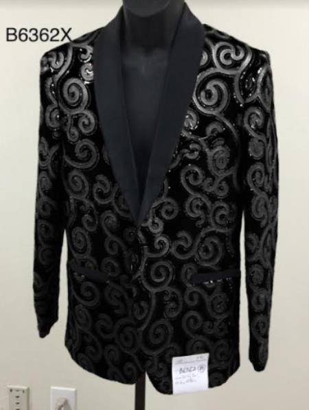 Style#-B6362 Mens Blazer - Black and Black Paisley Blazer - Fashion Prom Sport Coat