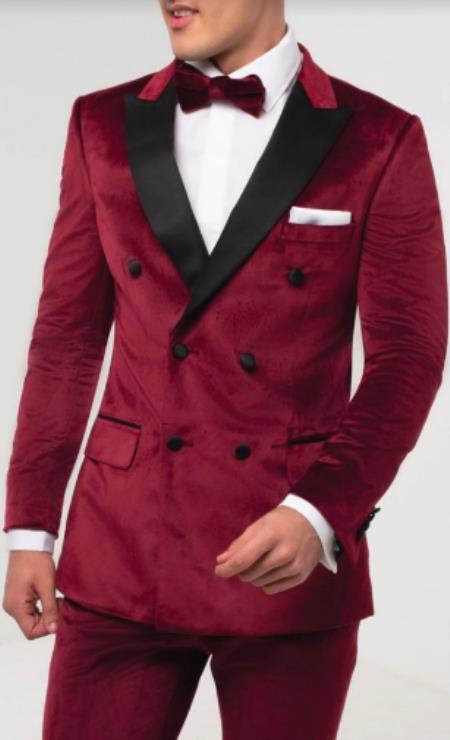 SKU#JA58269 Mens Burgundy Velvet Tuxedo - Velvet Suits Double Breasted Tuxedo Suits - Slim Fit