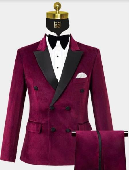 SKU#JA58270 Mens Burgundy Velvet Tuxedo - Velvet Suits Double Breasted Tuxedo Suits - Slim Fit