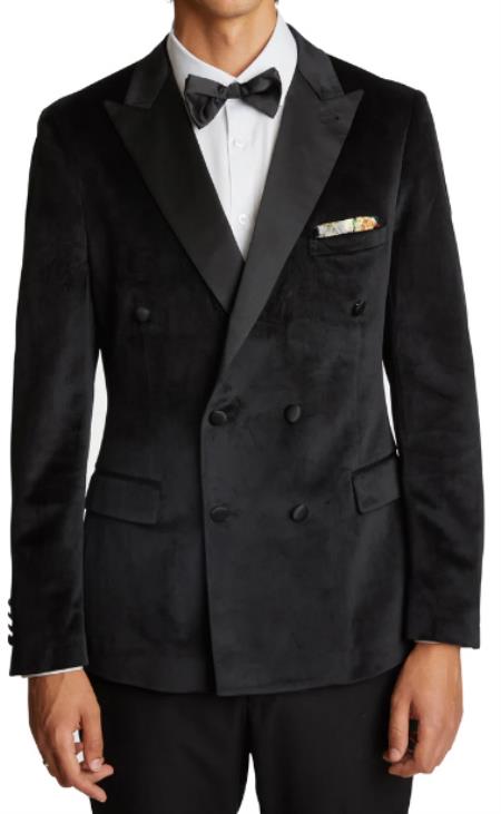Mens Black Velvet Tuxedo Sportcoat - Velvet Suits Double Breasted Blazer - Slim Fit