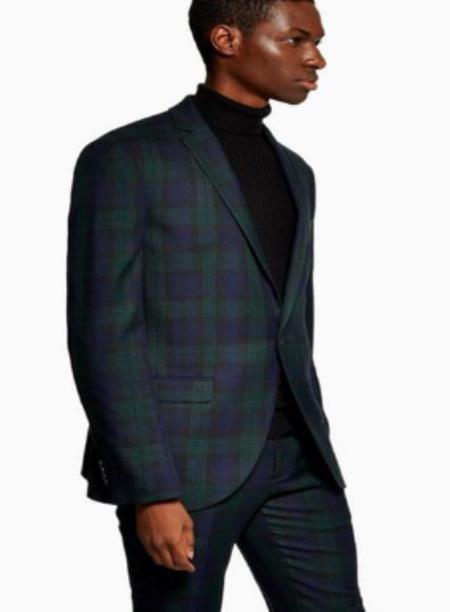 Green and Blue Plaid Suit With Black Sweater -  Suit - Vested Suit - Texture Suit - 100% Percent Wool Fabric Suit - Worsted Wool Business Suit
