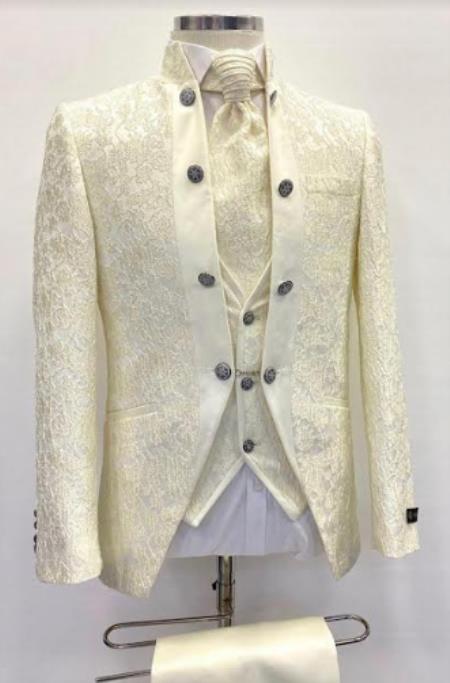Mens Mandarin Collar - Wedding Suit - Ivory - Cream - Off White Groom Suit