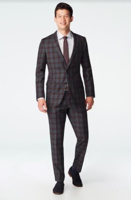 Vested Plaid Suit Available in Charcoal and Burgundy Plaid - 2 Button 3 Piece With Vest Flat Front Pants Modern Fit